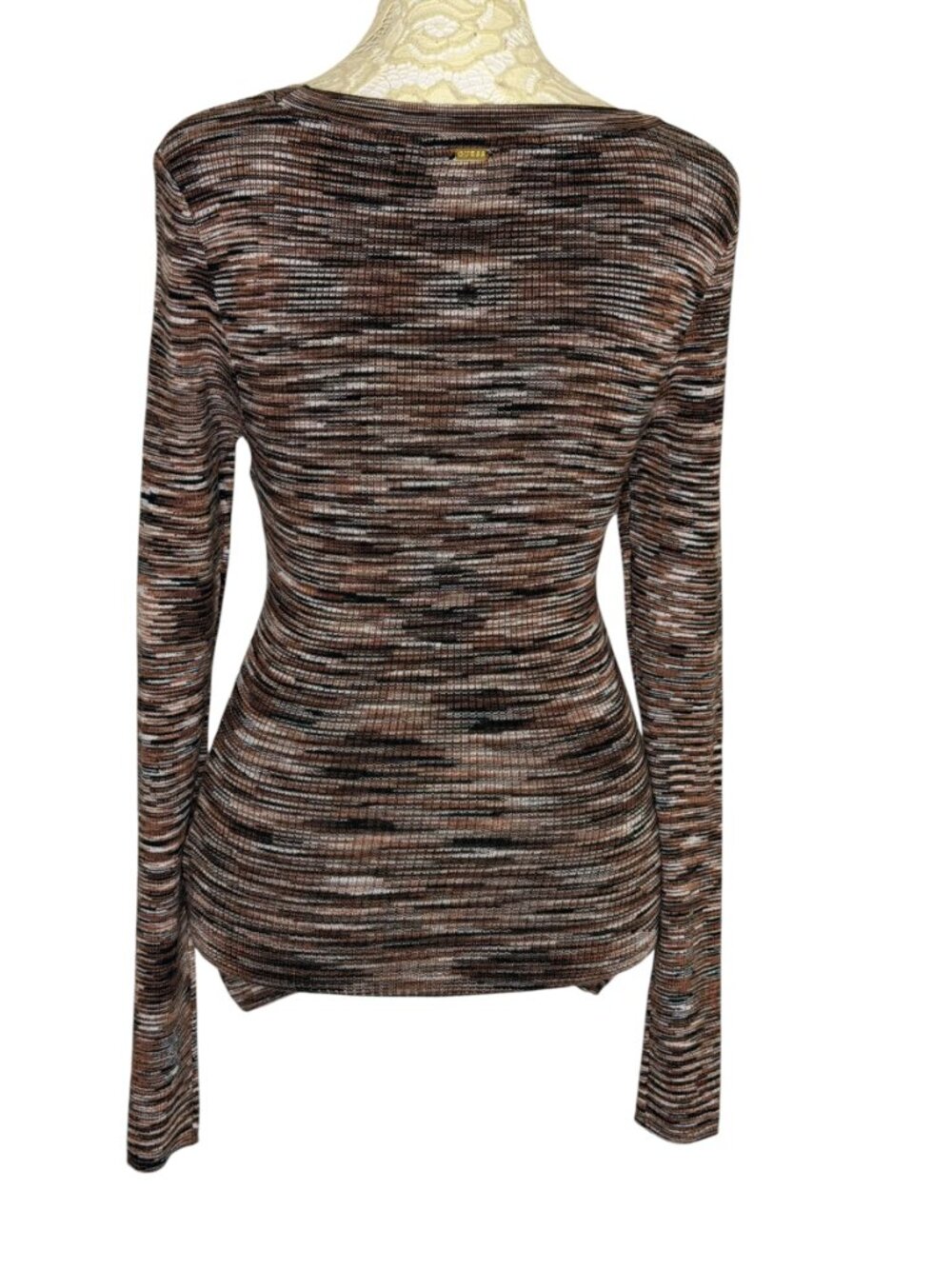 Guess Sweater Rib Knit Top Blouse Space Dye Brown Cream S NWOT - Picture 5 of 9